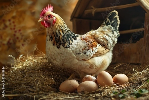 Fototapeta Hen, Chicken eggs and chickens eating food in farm with generative ai