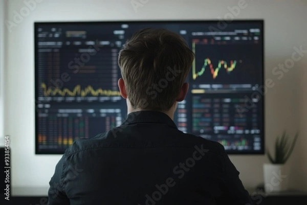 Fototapeta Rear view of a young man sitting in front of a monitor with stock market data with generative ai