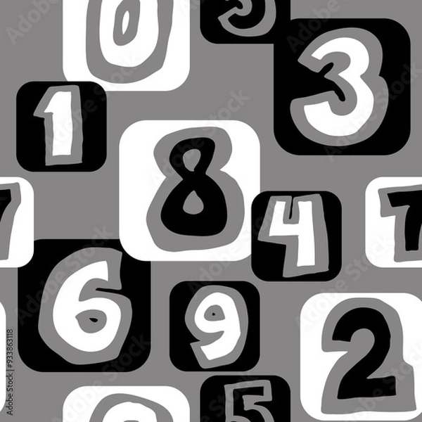 Fototapeta Hand drawn numbers seamless pattern for digital background, wallpaper and textile print. Cartoon style drawing. Education and finance theme, school lettering 