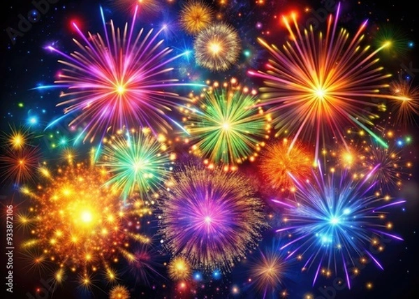 Obraz Vibrant fireworks explode in a kaleidoscope of colors against a dark background, casting a magical glow, perfect for digital art and wall decoration.