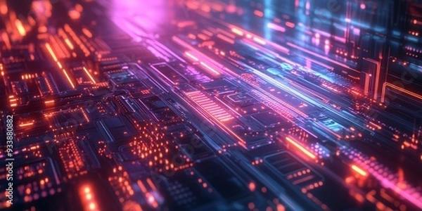 Fototapeta Futuristic glowing firewall with complex circuitry, neon light reflecting off the digital barrier, protecting streams of data
