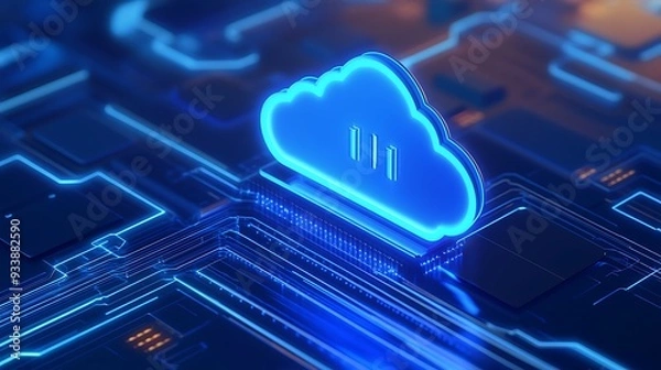 Obraz A glowing blue cloud icon on a circuit board, representing cloud computing, data storage, and modern technology solutions.