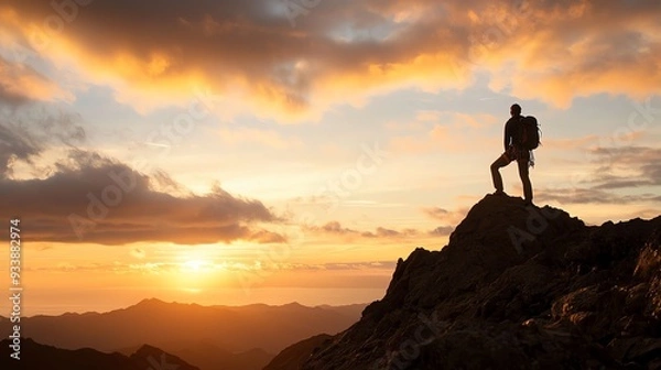 Fototapeta A triumphant climber silhouetted against a sunrise, symbolizing the pinnacle of personal success