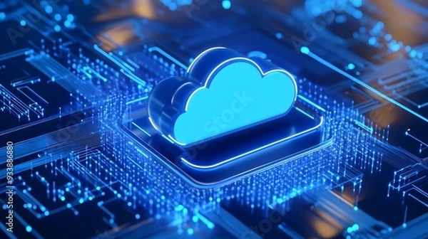 Fototapeta Digital cloud computing concept with illuminated neon blue cloud symbol on a futuristic, technology-inspired background.