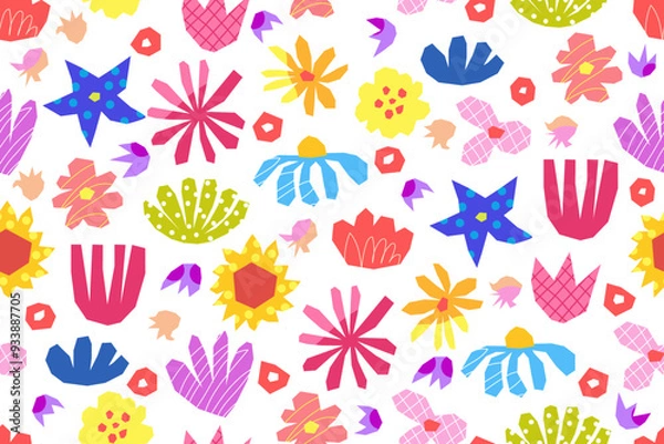 Fototapeta Seamless pattern with colorful flowers. Various flower buds on a white background. Cute floral abstract pattern. Cute summer mood. Vector illustration.