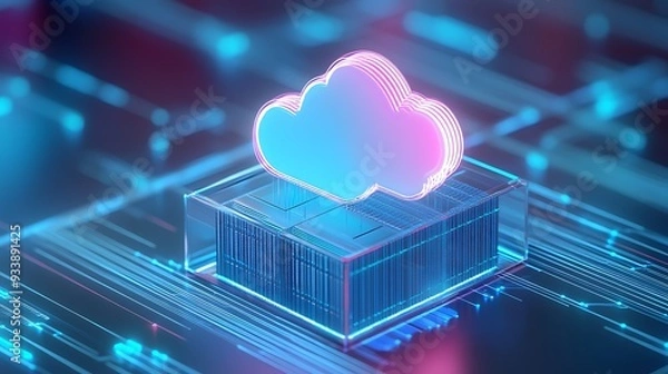 Fototapeta Futuristic cloud computing concept with glowing cloud symbol on a technology circuit board, representing data storage and virtual server solutions.