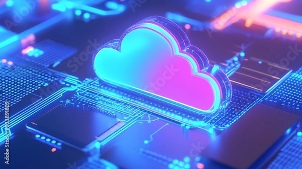 Obraz Futuristic cloud computing concept with LED-lit cloud icon on a motherboard, representing advanced technology and data storage solutions.