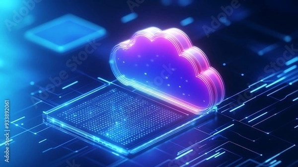 Fototapeta Futuristic cloud computing concept with neon lights, representing digital technology, data storage, and network connection. 3D illustration.