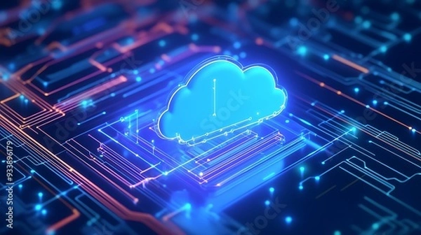 Fototapeta Futuristic digital illustration of a glowing cloud surrounded by electronic circuits, representing cloud computing and modern technology.