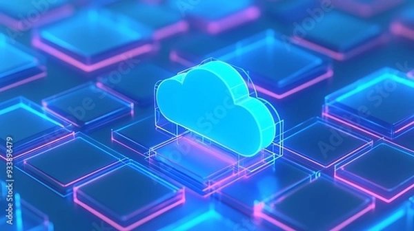 Fototapeta Futuristic glowing blue cloud icon amidst neon digital blocks representing cloud computing and technology innovation.