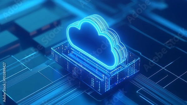 Fototapeta Innovative 3D illustration of cloud computing concept representing data storage technology with glowing elements on a circuit board.