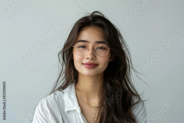 Fototapeta A charming Asian woman dressed in elegant white office attire, with a simple and clean design, stands confidently with a professional hairstyle and subtle makeup against a neutral background.