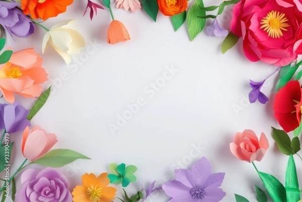 Fototapeta A vibrant frame of paper flowers in various colors arranged around a blank white center.