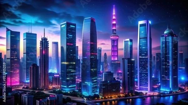 Fototapeta Vibrant neon lights cast a futuristic glow on a dark cityscape, outlining a sleek skyscraper's silhouette against a velvety black night sky.