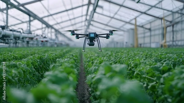 Fototapeta High tech Greenhouse With Robots and Drones Optimizing Automated Farming