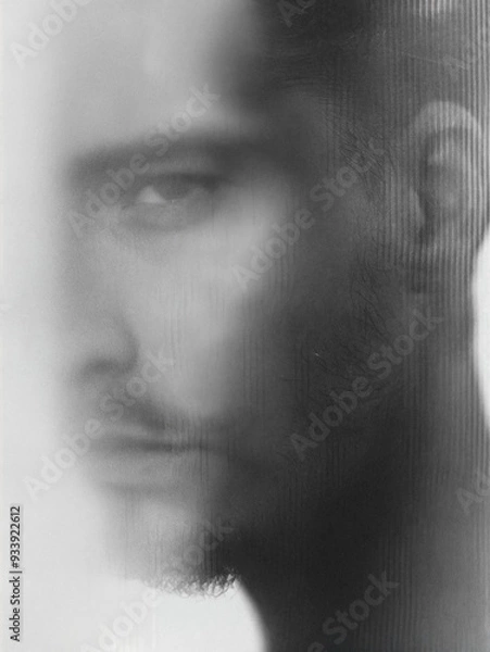 Fototapeta A black and white photo of a man's face, with a blurry backdrop that makes it difficult to discern any details.