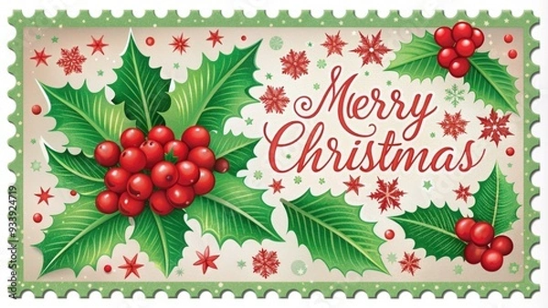 Fototapeta Vibrant red and green holly leaves surround a festive holiday postage stamp, adorned with snowflakes and a bold "Merry Christmas" inscription, on a white background.