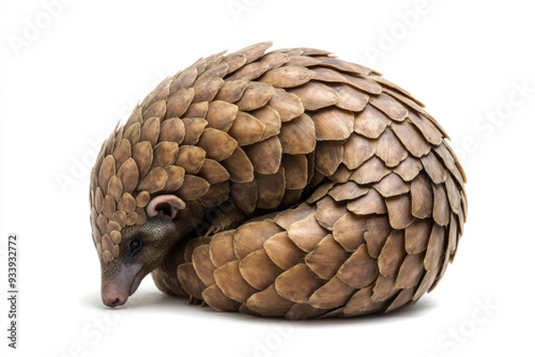 Fototapeta A pangolin curled up in its defensive position, scales tightly packed.