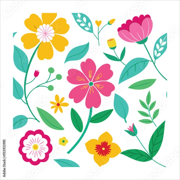 Fototapeta Colorful Hand-Sketched Florals on White Background Pattern
