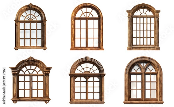 Fototapeta Vintage arched windows in different styles isolated on transparent background
