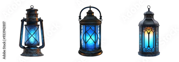 Fototapeta Set of vintage lanterns with blue glass isolated on transparent background