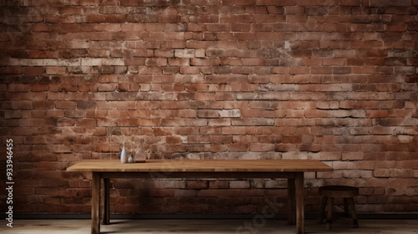 Obraz Rustic brick wall with an empty wooden table, creating a vintage atmosphere for product placement