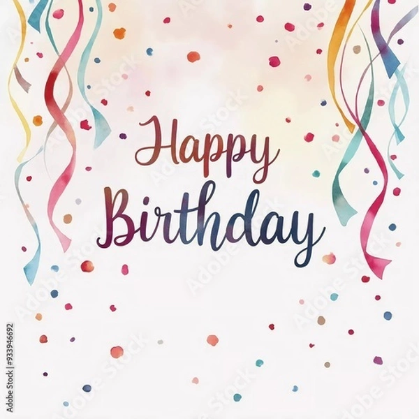 Fototapeta Flowing watercolor confetti and streamers in a variety of colors, a HAPPY BIRTHDAY text