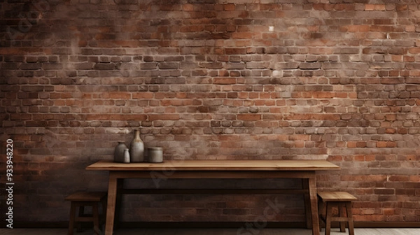 Fototapeta Rustic brick wall with an empty wooden table, creating a vintage atmosphere for product placement