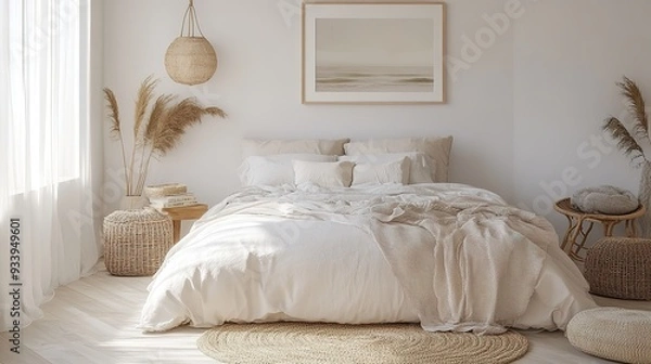 Fototapeta Home mockup, simple cozy Coastal bedroom interior background, 3d render