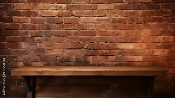 Fototapeta Rustic brick wall with an empty wooden table, creating a vintage atmosphere for product placement