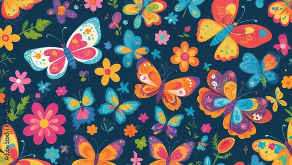 Fototapeta Seamless cartoon butterfly and flower pattern with bright colors for children