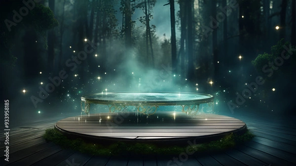 Fototapeta Product display background. Floating transparent empty platform amidst a mystical forest with sparkling fireflies
