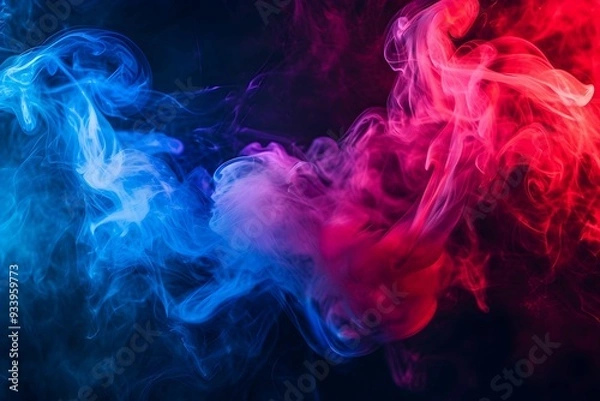 Fototapeta Multicolored mixed colors of blue and red neon smoke. and colorful explosions Abstract black dark background
