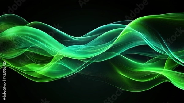 Obraz Dynamic green wave patterns create a vibrant visual display in a dark background, showcasing the interplay of light and fluid motion