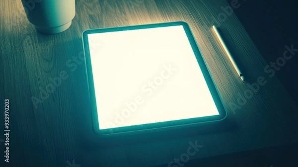Fototapeta A bright tablet resting on a wooden table beside a coffee cup and a pen in a dimly lit room during the evening hours