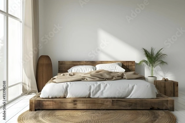 Fototapeta Rustic wooden bed against empty white wall with copy space. Scandinavian loft interior design of modern bedroom.