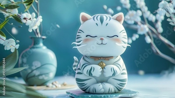 Obraz Cute cartoon tiger in meditation pose with a gold coin.