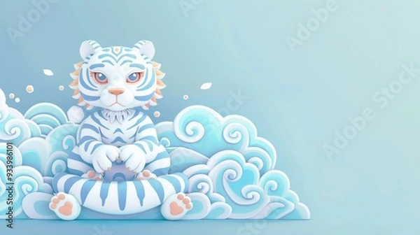 Obraz Cute Cartoon Tiger Sitting on Blue Cloud.
