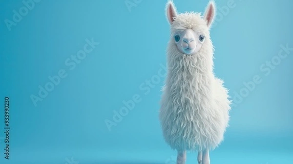 Obraz Cute White Alpaca Against a Light Blue Background.