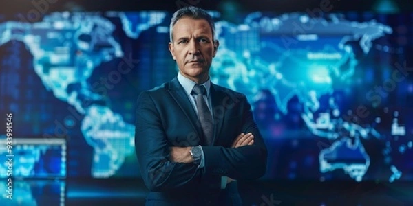 Obraz Confident Businessman in Front of a World Map