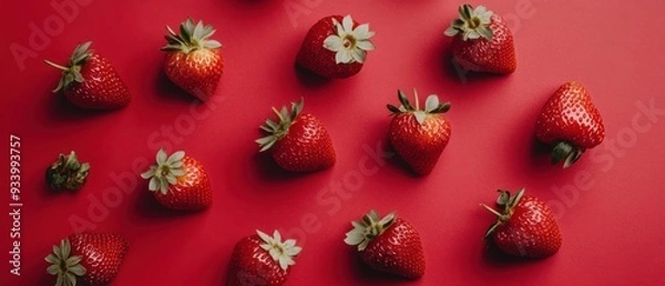 Obraz Fresh Red Strawberries Scattered on a Crimson Surface
