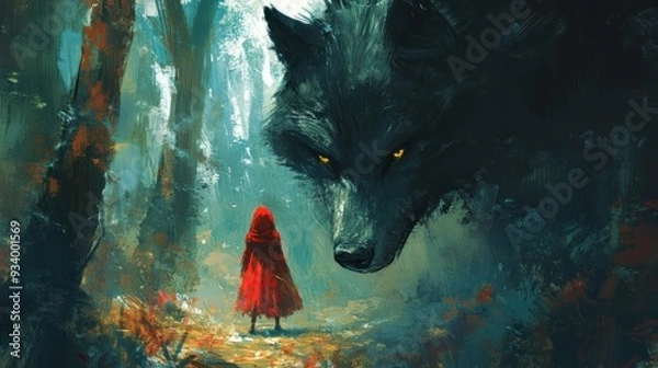 Fototapeta Little Red Riding Hood and the Wolf in the Forest