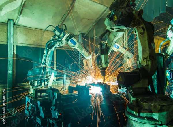 Obraz Team welding robots represent the movement. In the automotive parts industry.
