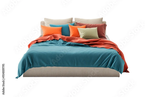 Fototapeta Modern double bed with pillows and duvet isolated on transparent background. Bedroom furniture with colorful bedding