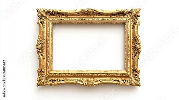 Fototapeta An antique gold-brown classic vintage wooden rectangle canvas frame isolated on white. The mockup features a blank and versatile molding baguette, ideal for paintings, mirrors, or photos.