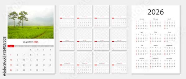 Fototapeta Calendar 2025, calendar 2026 week start Sunday corporate design template vector. Desk calendar 2026. Sample image with mesh.