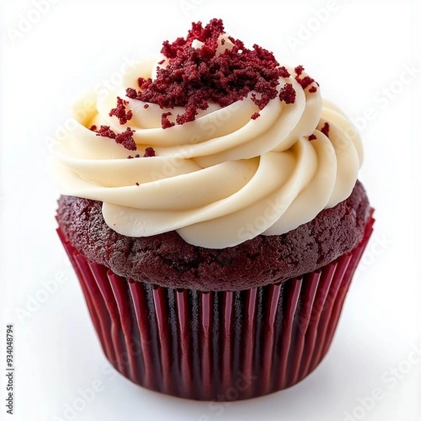 Fototapeta close-up of a red velvet cupcake on a clean white background