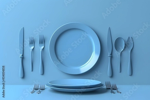 Obraz Elegant Blue Table Setting with Plates and Cutlery