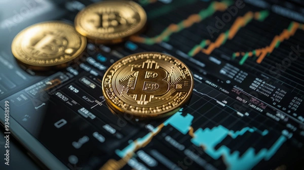 Fototapeta Bitcoin Cryptocurrency Coins on Digital Trading Screen with Financial Data - Blockchain Investment and Market Analysis
