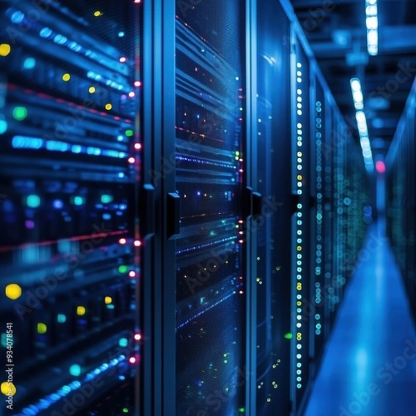 Fototapeta Data centers filled with servers with processing